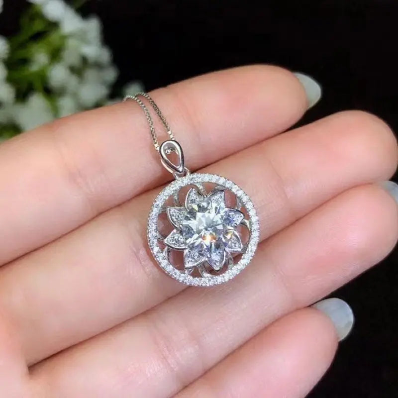 White Gold Plated 925 Silver Moissanite Halo Necklace 1.5ct Center Stone Moissanite Engagement Rings & Jewelry | Luxus Moissanite