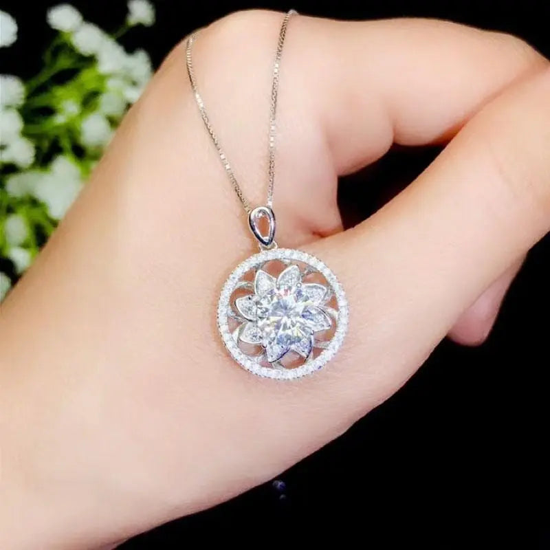 White Gold Plated 925 Silver Moissanite Halo Necklace 1.5ct Center Stone Moissanite Engagement Rings & Jewelry | Luxus Moissanite Best Necklace for Sweetheart Neckline