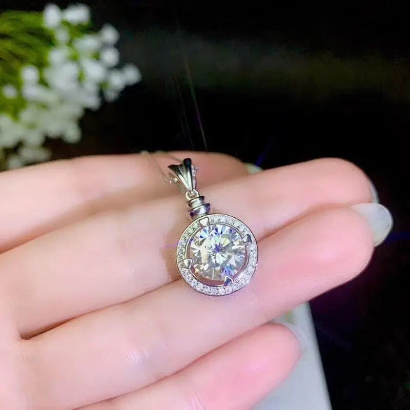 White Gold Plated Halo Moissanite Necklace 0.5ct - 3ct Center Stones Moissanite Engagement Rings & Jewelry | Luxus Moissanite