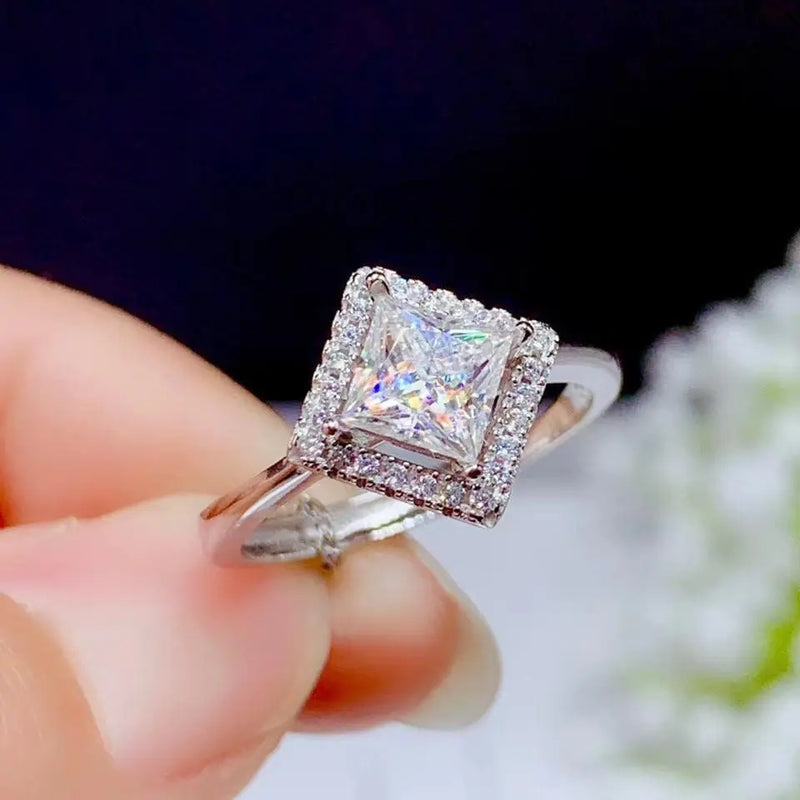 White Gold Plated Princess Cut Halo Moissanite Ring 1ct Center Stone Moissanite Engagement Rings & Jewelry | Luxus Moissanite