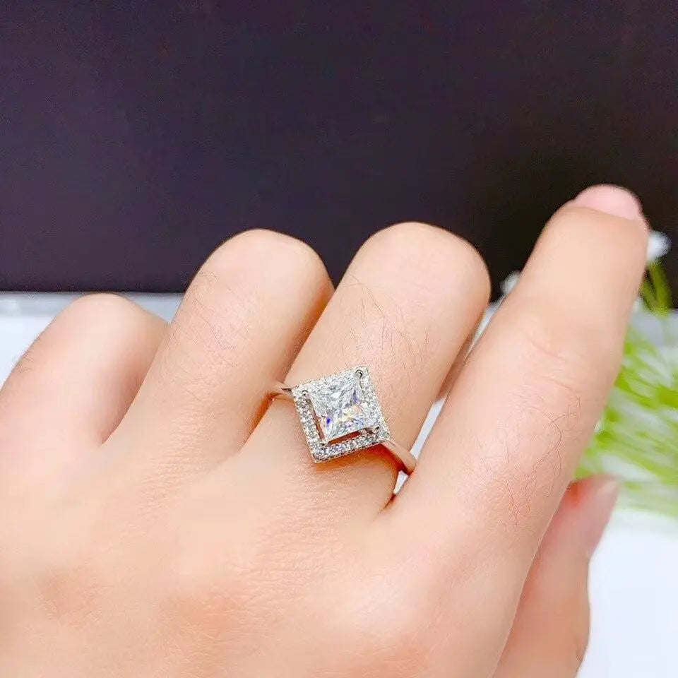 White Gold Plated Princess Cut Halo Moissanite Ring 1ct Center Stone Moissanite Engagement Rings & Jewelry | Beautiful Princess Cut Engagement Ring | Luxus Moissanite