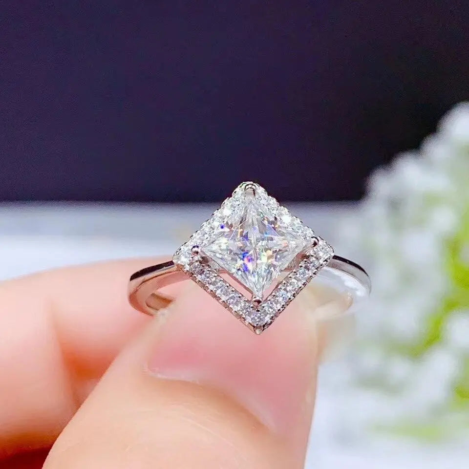 White Gold Plated Princess Cut Halo Moissanite Ring 1ct Center Stone Moissanite Engagement Rings & Jewelry | Beautiful Princess Cut Engagement Ring | Luxus Moissanite