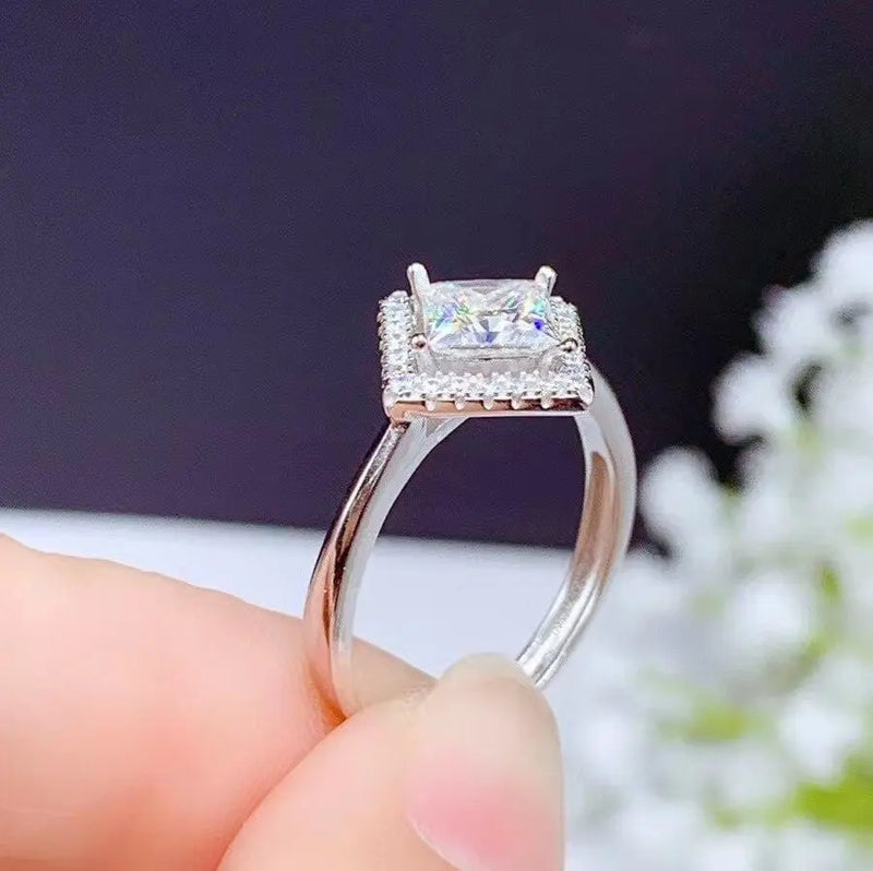 White Gold Plated Princess Cut Halo Moissanite Ring 1ct Center Stone Moissanite Engagement Rings & Jewelry | Luxus Moissanite
