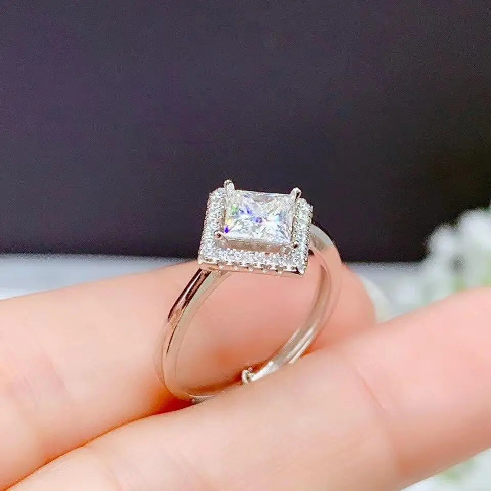 White Gold Plated Princess Cut Halo Moissanite Ring 1ct Center Stone Moissanite Engagement Rings & Jewelry | Luxus Moissanite