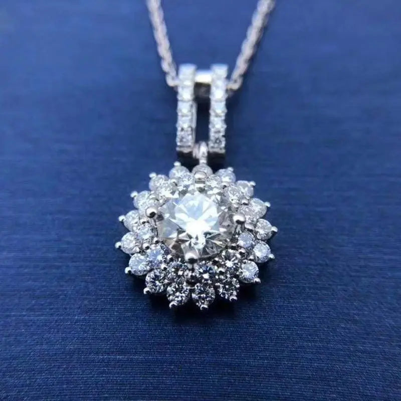 White Gold Plated Silver Double Halo Moissanite Necklace 1ct Center Stone Moissanite Engagement Rings & Jewelry | Luxus Moissanite | Cute small necklace