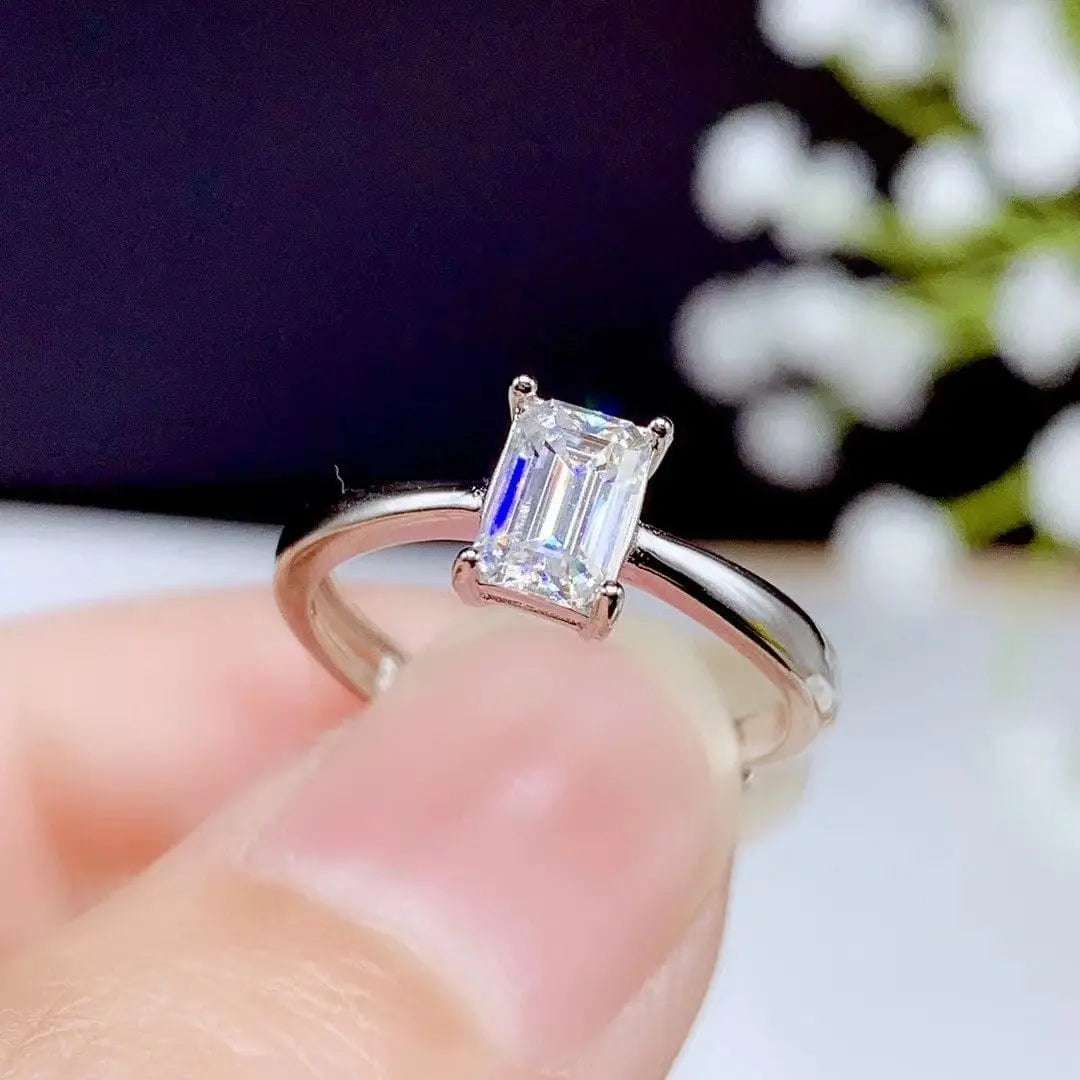 White Gold Plated Silver Emerald Cut Solitaire Moissanite Ring 0.5ct Moissanite Engagement Rings & Jewelry | Luxus Moissanite | Beautiful Wedding Ring for Sale