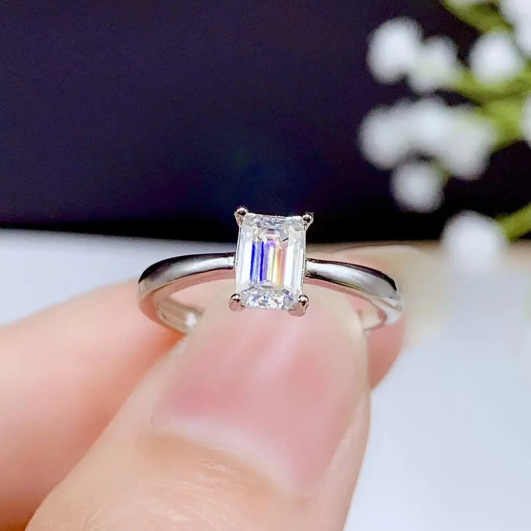 White Gold Plated Silver Emerald Cut Solitaire Moissanite Ring 0.5ct Moissanite Engagement Rings & Jewelry | Luxus Moissanite | Beautiful Wedding Ring for Sale 