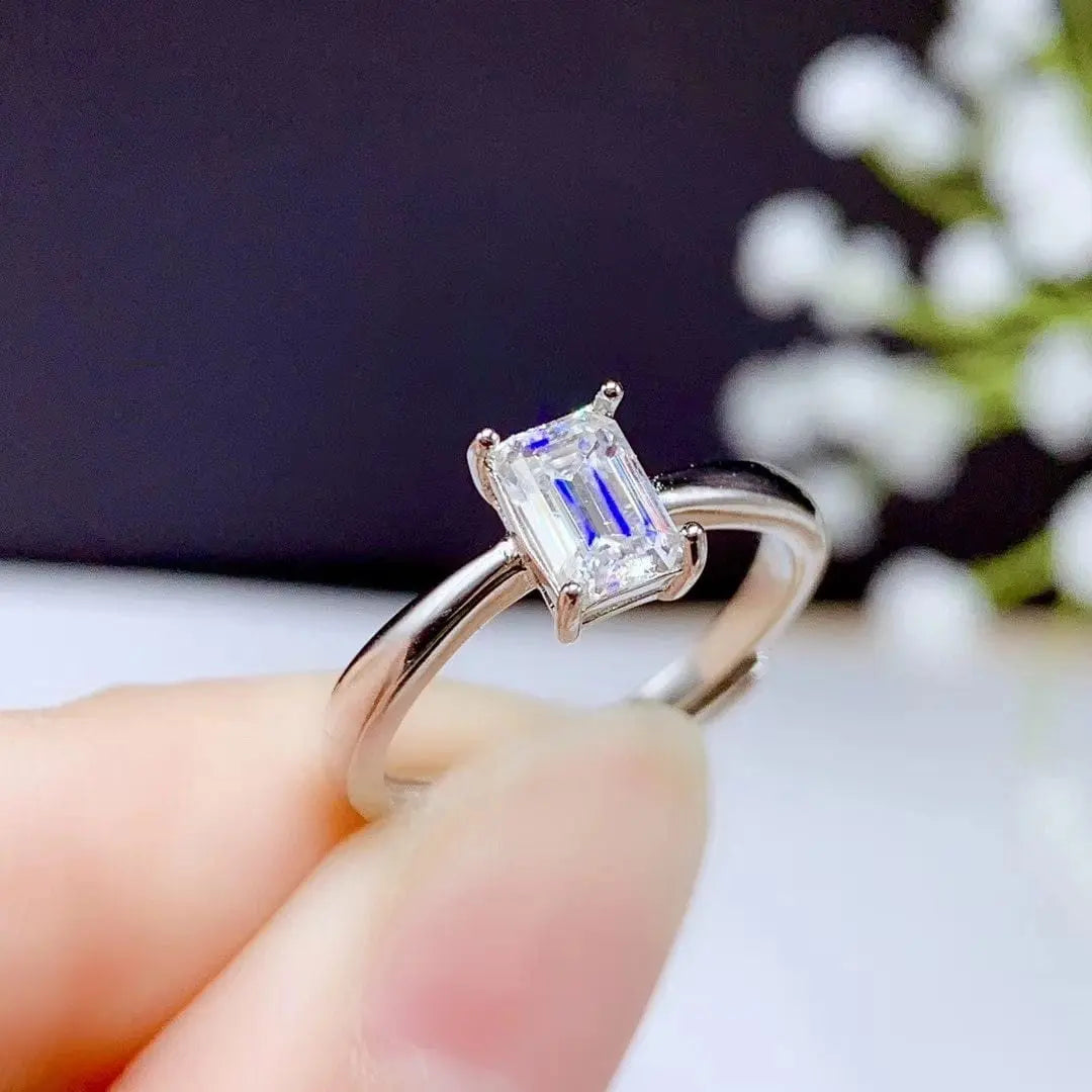 White Gold Plated Silver Emerald Cut Solitaire Moissanite Ring 0.5ct Moissanite Engagement Rings & Jewelry | Luxus Moissanite | Beautiful Wedding Ring for Sale 