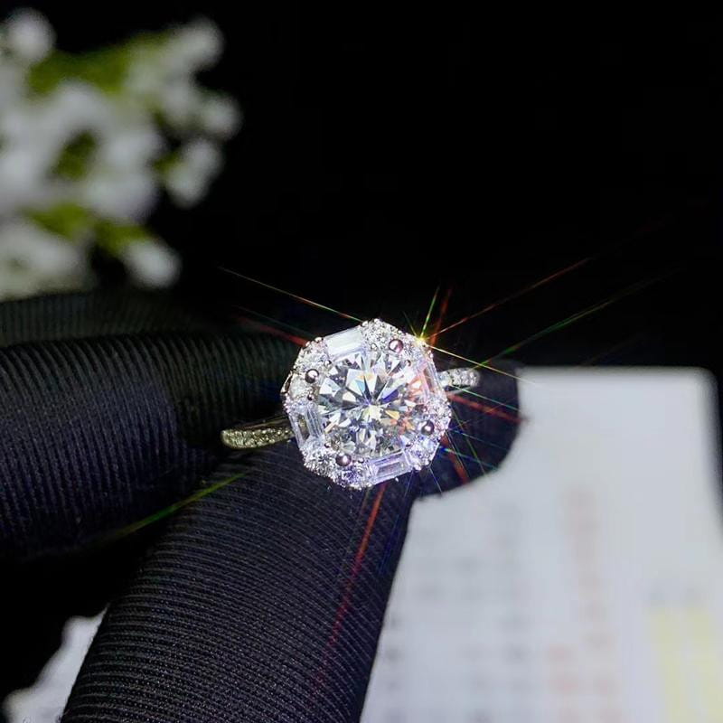 White Gold Plated Silver Halo Moissanite Ring 1ct Center Stone Moissanite Engagement Rings & Jewelry | Luxus Moissanite