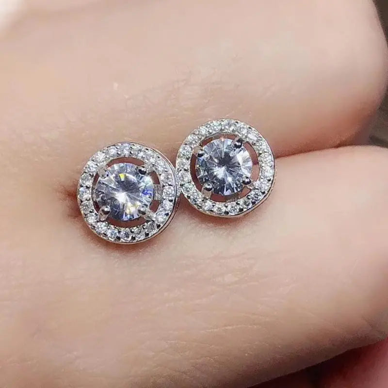 White Gold Plated Silver Halo Moissanite Stud Earrings 1ctw Moissanite Engagement Rings & Jewelry | Luxus Moissanite
