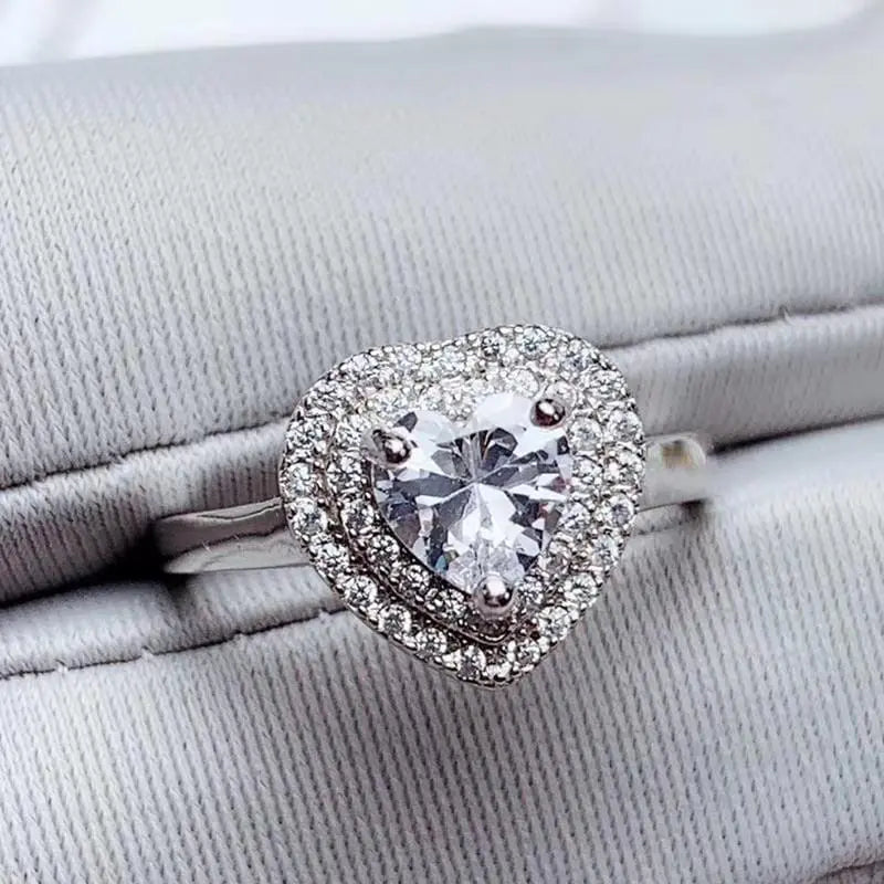 White Gold Plated Silver Heart Cut Double Halo Moissanite Ring 1ct Moissanite Engagement Rings & Jewelry | Luxus Moissanite | Heart Halo Ring