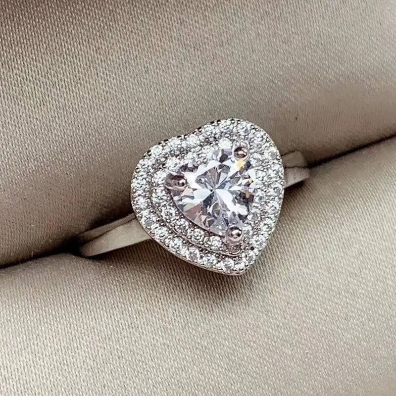 White Gold Plated Silver Heart Cut Double Halo Moissanite Ring 1ct Moissanite Engagement Rings & Jewelry | Luxus Moissanite | Heart Halo Ring