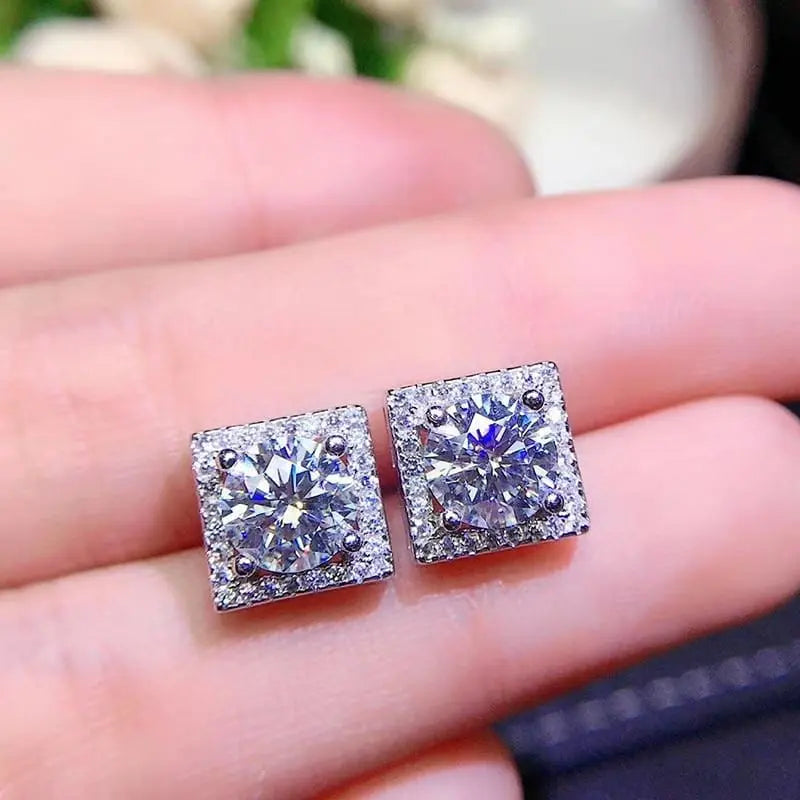 White Gold Plated Silver Square Halo Moissanite Earrings 2ctw Moissanite Engagement Rings & Jewelry | Luxus Moissanite