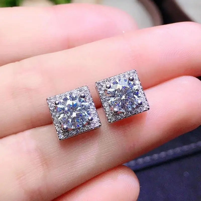 White Gold Plated Silver Square Halo Moissanite Earrings 2ctw Moissanite Engagement Rings & Jewelry | Luxus Moissanite