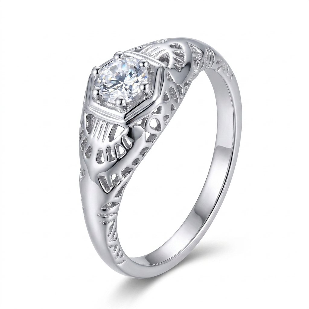 White Gold Plated Silver Vintage Moissanite Ring 0.3ct