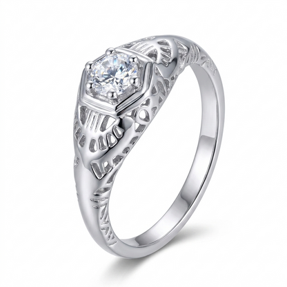 White Gold Plated Silver Vintage Moissanite Ring 0.3ct
