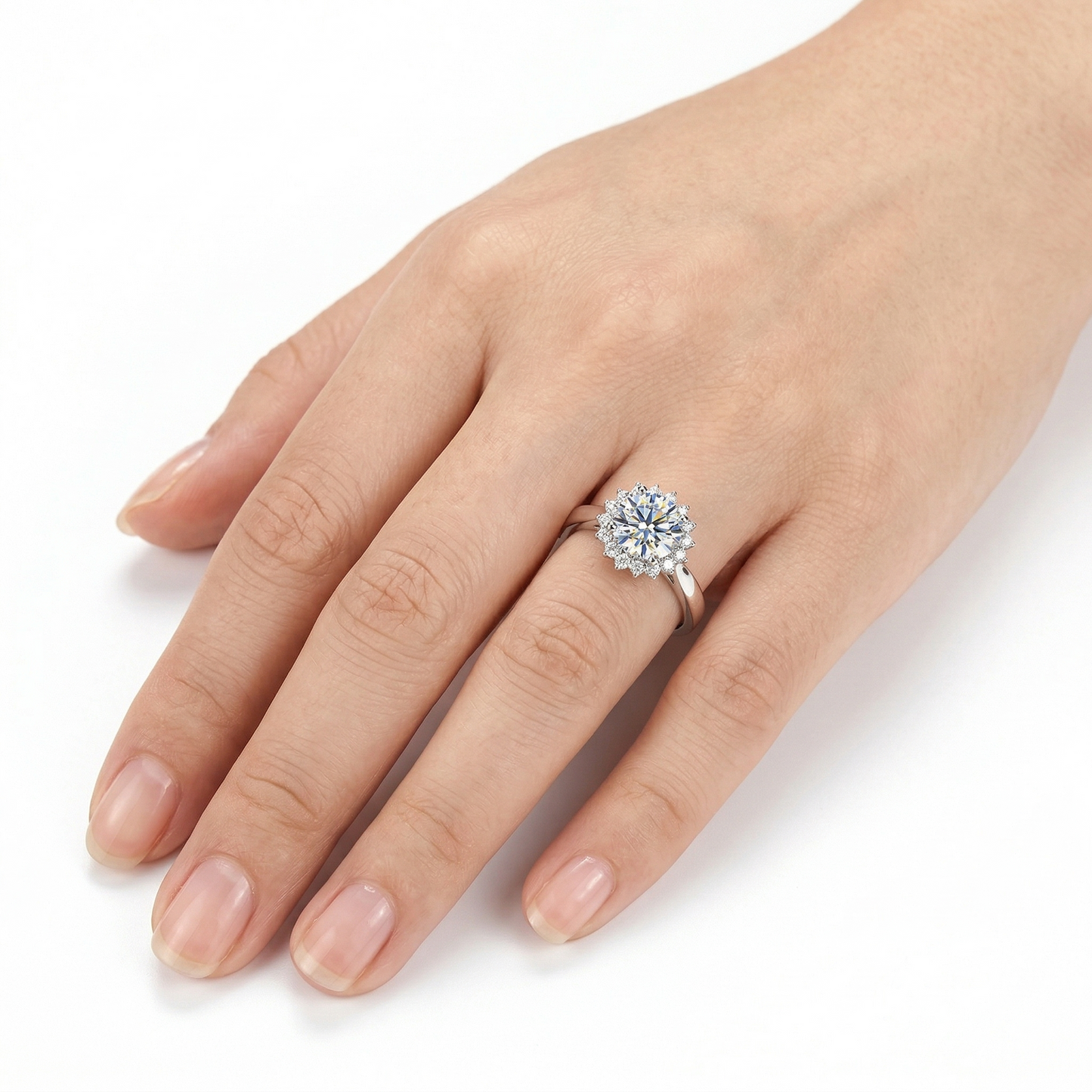 Platinum Plated Silver Halo Moissanite Ring 1ct