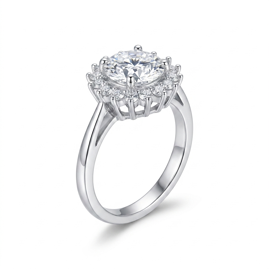 Platinum Plated Silver Moissanite Ring Halo 1ct - 3ct Options
