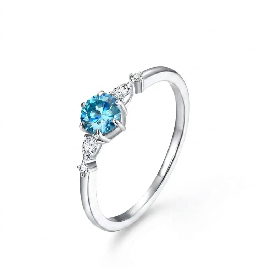 Silver or Gold 0.5ct Blue Ocean Moissanite Ring with Side Accent Stones