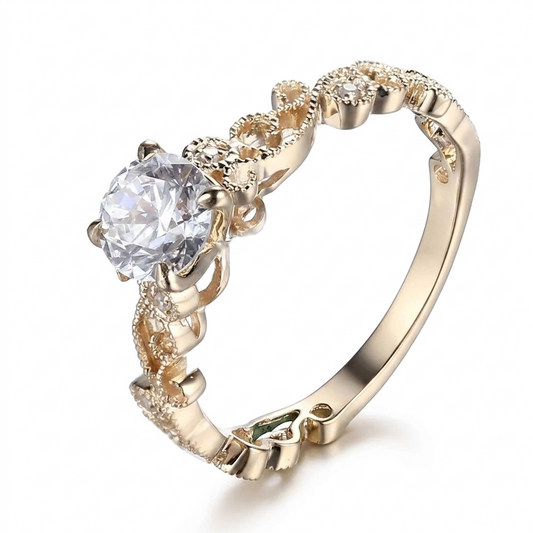 10k Yellow Gold Vintage Moissanite Ring Engagement for Woman 0.65ct Center Stone