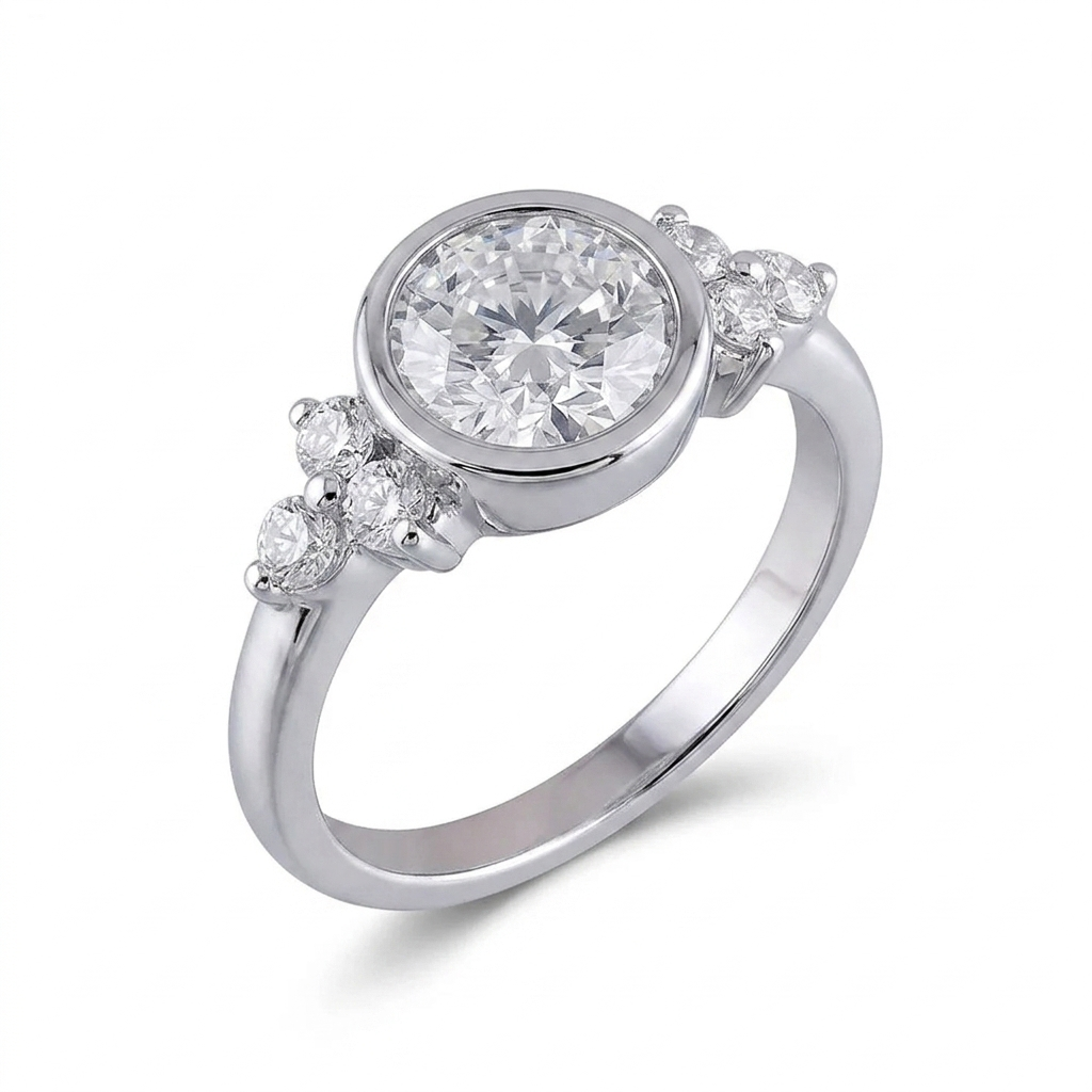 14k White Gold Bezel Set Moissanite Classy Wedding Band 1.18ct Total