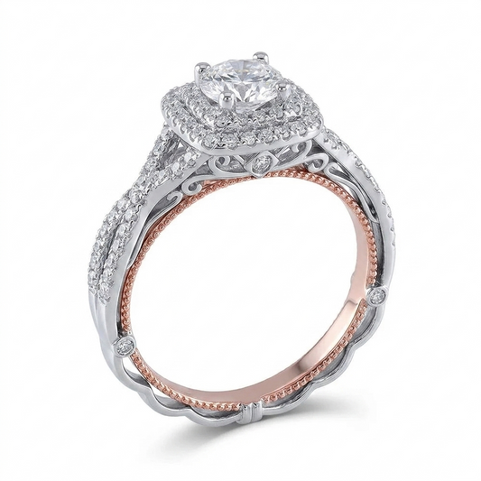 14k Rose & White Gold Double Halo Engagement Ring With Moissanite 0.85ct Total