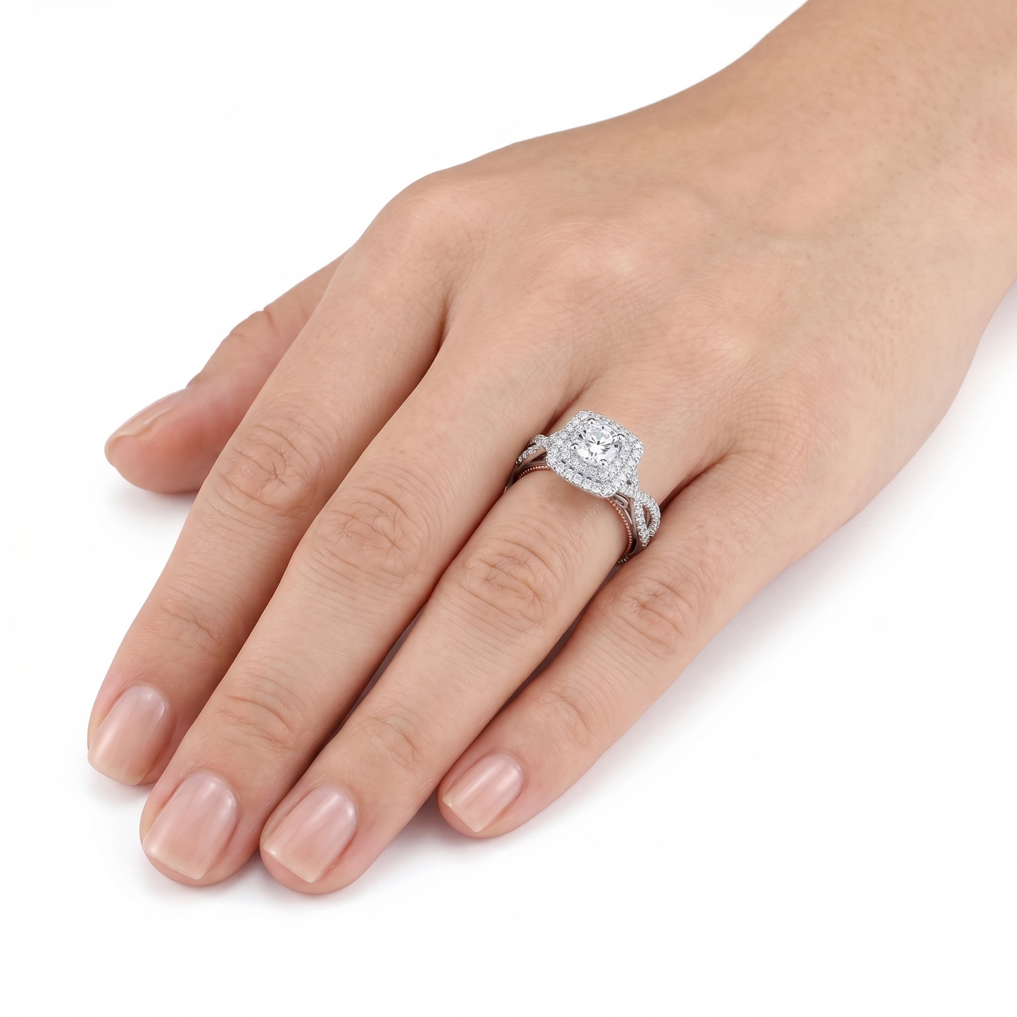 14k Rose & White Gold Double Halo Engagement Ring With Moissanite 0.85ct Total
