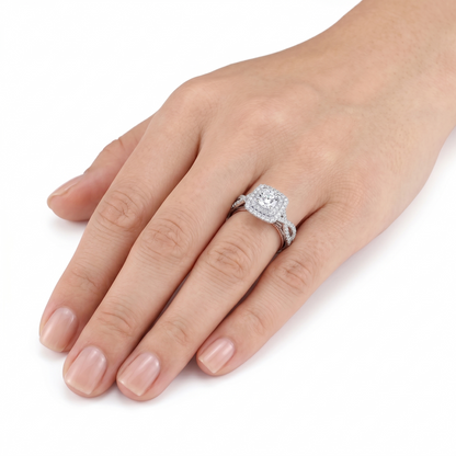 14k Rose & White Gold Double Halo Engagement Ring With Moissanite 0.85ct Total