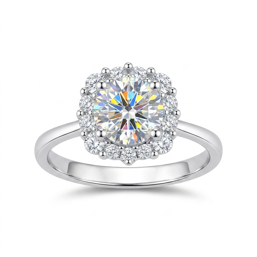 Best Anniversary Rings for Her - White Gold Plated Silver Halo Moissanite Ring 1ct Center Stone