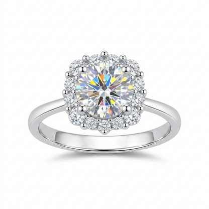 Best Anniversary Rings for Her - White Gold Plated Silver Halo Moissanite Ring 1ct Center Stone