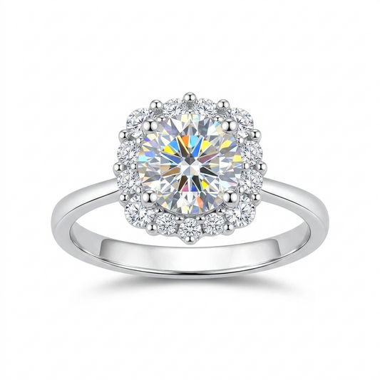 Best Anniversary Rings for Her - White Gold Plated Silver Halo Moissanite Ring 1ct Center Stone