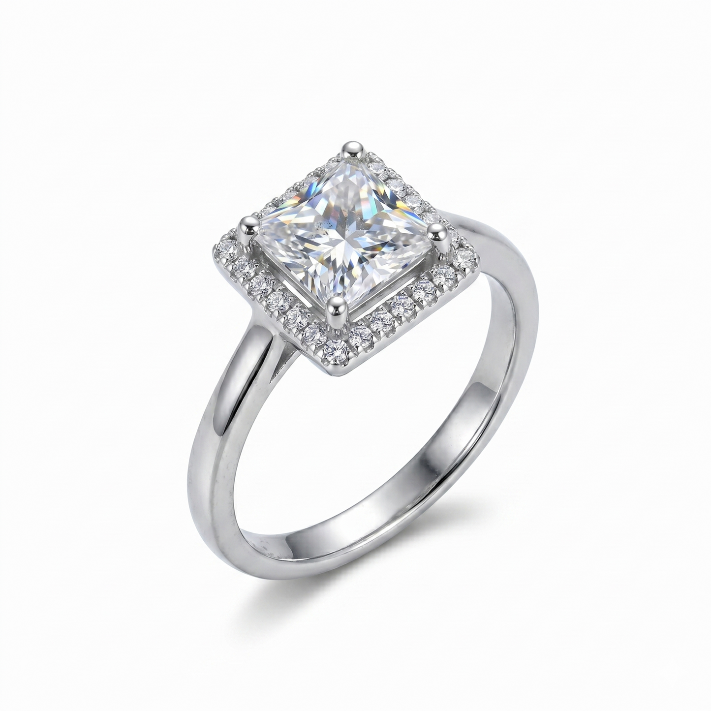 White Gold Plated Beautiful Princess Cut Engagement Ring Halo Moissanite 1ct Center Stone