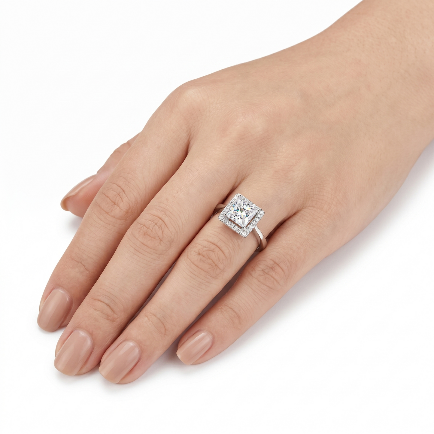 White Gold Plated Beautiful Princess Cut Engagement Ring Halo Moissanite 1ct Center Stone