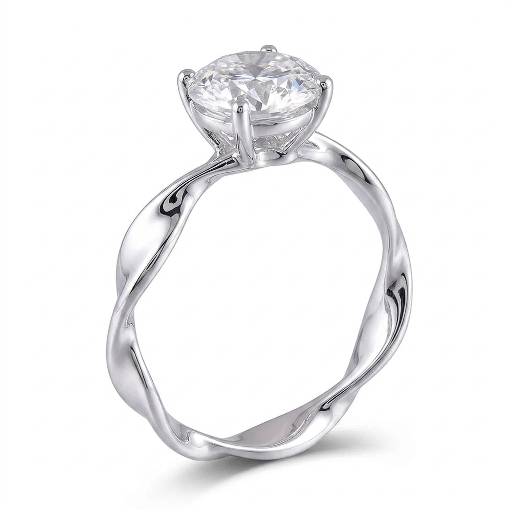 14k White Gold Twisted Band Moissanite Ring 2ct