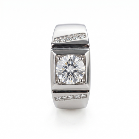 White Gold Plated Silver Wide Band Ring Moissanite 1ct