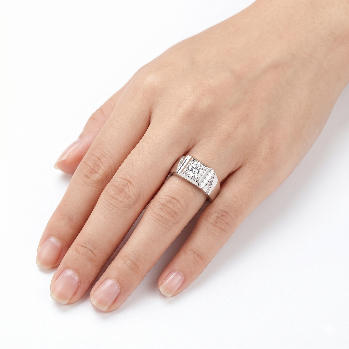 White Gold Plated Silver Wide Band Ring Moissanite 1ct