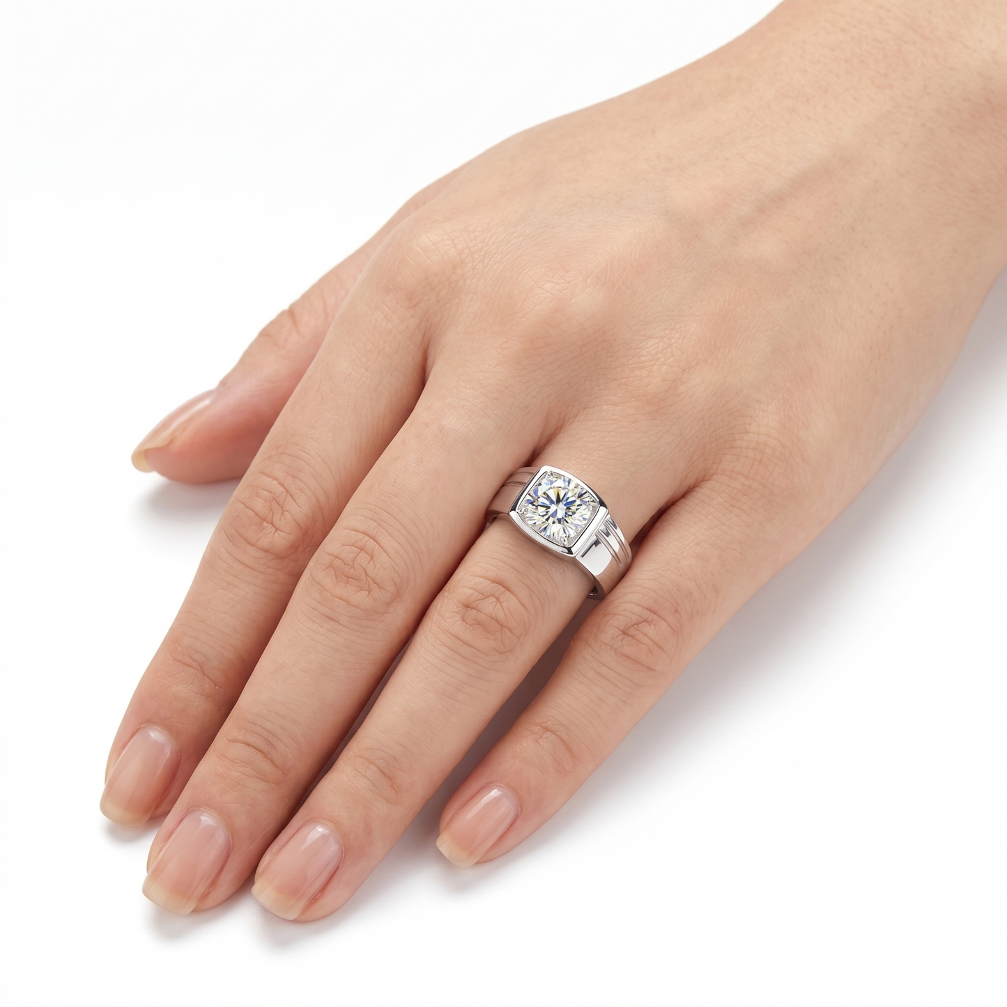 White Gold Plated Moissanite Wide Silver Band Ring 0.5ct - 3ct Options
