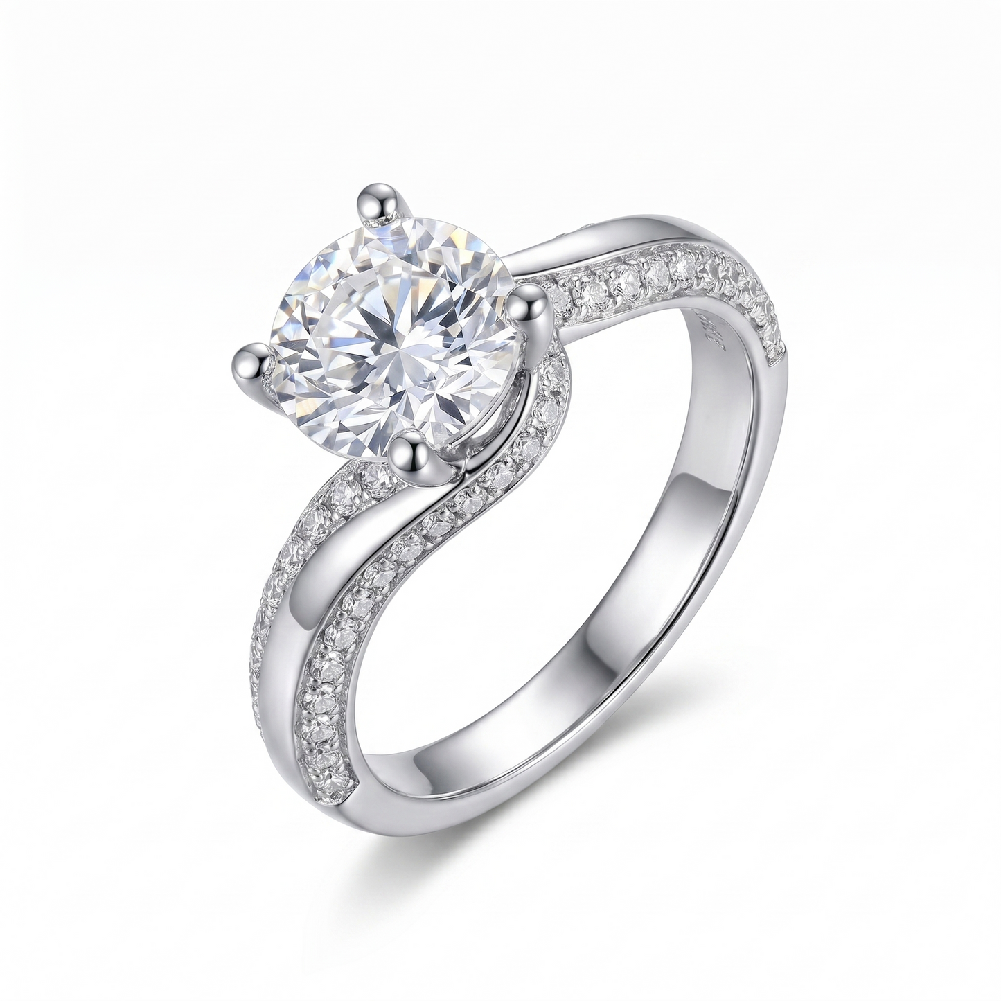 Solitaire Moissanite Stylish Engagement Ring Platinum Plated Silver 1.5 Carat Center Stone