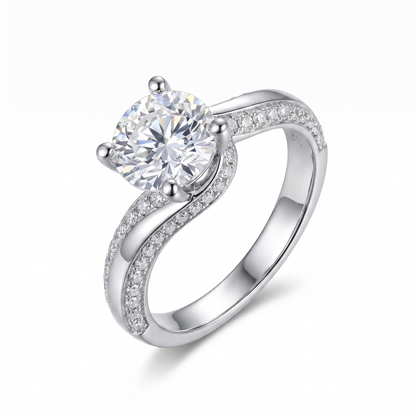Solitaire Moissanite Stylish Engagement Ring Platinum Plated Silver 1.5 Carat Center Stone