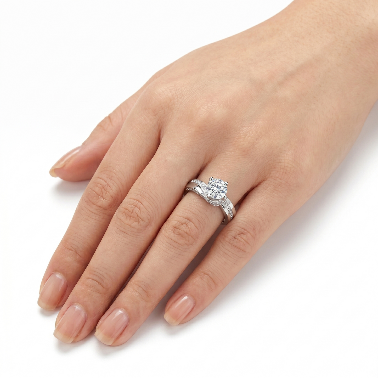 Solitaire Moissanite Stylish Engagement Ring Platinum Plated Silver 1.5 Carat Center Stone