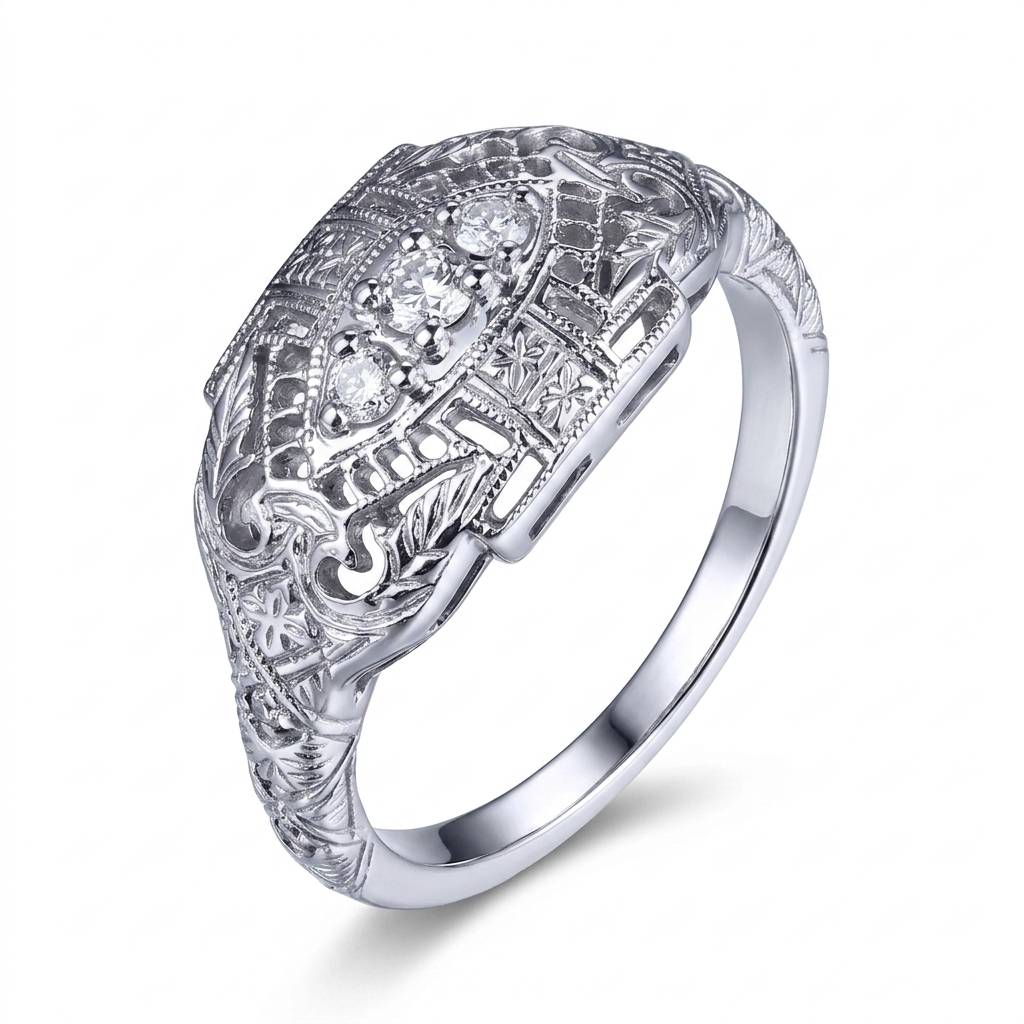 White Gold Plated Silver 3 Stone Moissanite Ring 0.12ct Total