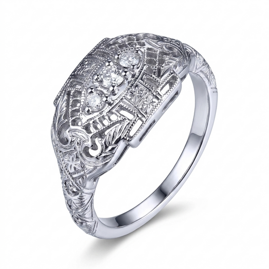 White Gold Plated Silver 3 Stone Moissanite Ring 0.12ct Total