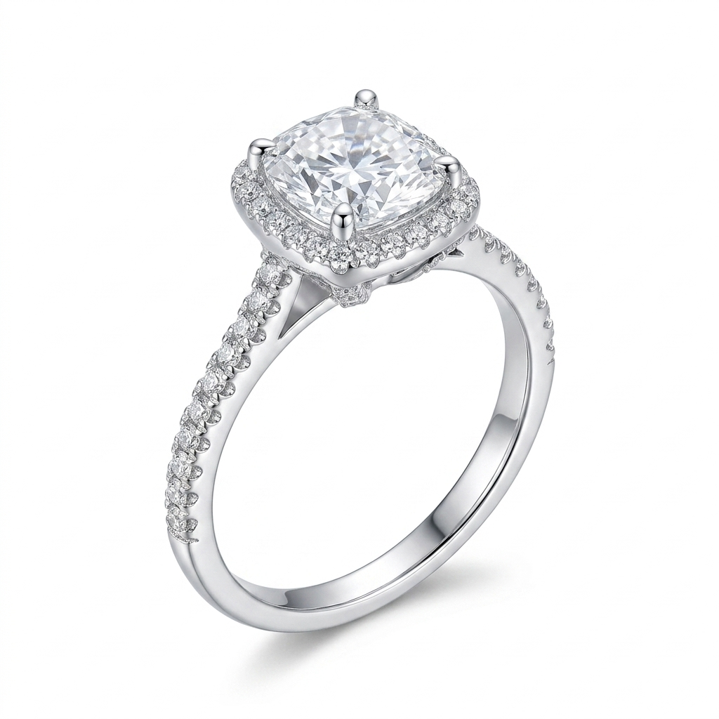Silver or Gold - Platinum Moissanite Engagement Ring Silver Halo 1ct