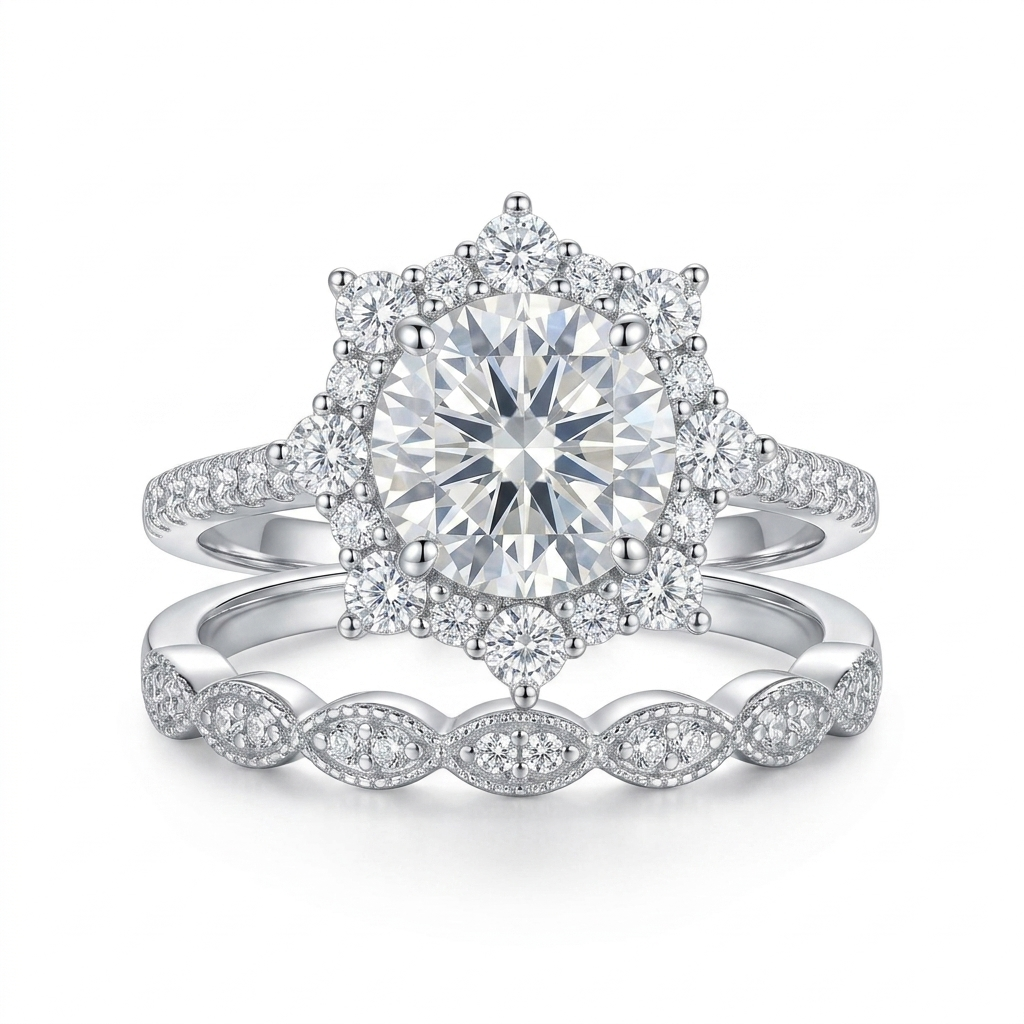 Silver or Gold Silver Halo Engagement Ring Set 1.5ct