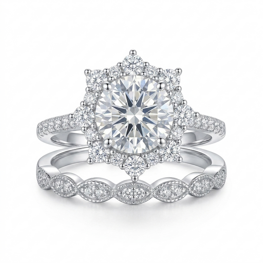 Silver or Gold Silver Halo Engagement Ring Set 1.5ct