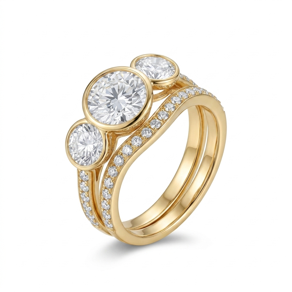 Silver or Gold Three Stone Moissanite Engagement Bridal Set 3.1 Ctw