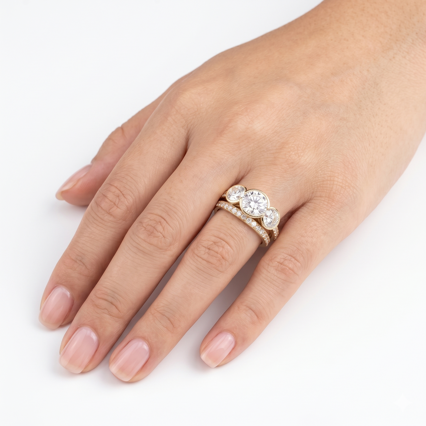 Silver or Gold Three Stone Moissanite Engagement Bridal Set 3.1 Ctw