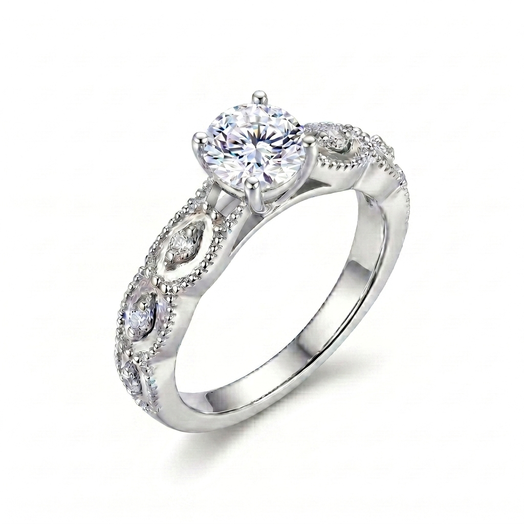 Platinum Plated Silver Vintage Moissanite Ring 0.5ct