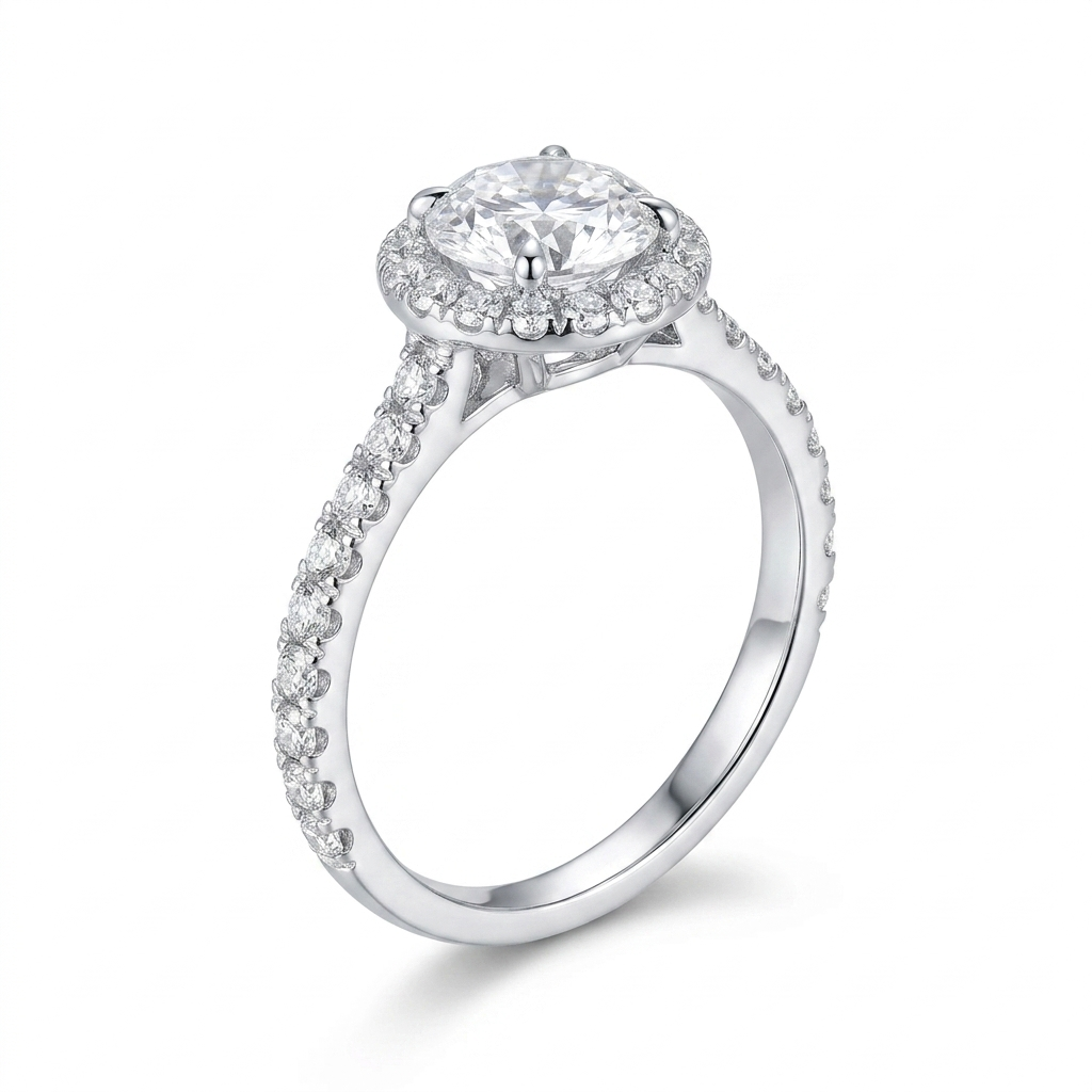 Silver or Gold Plated Silver Halo Moissanite Engagement Ring Affordable 1ct