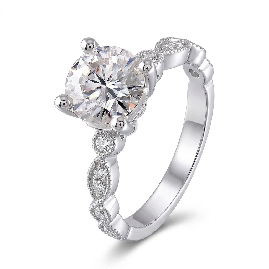 Silver or Gold Antique Milgrain Moissanite Engagement Ring 1ct